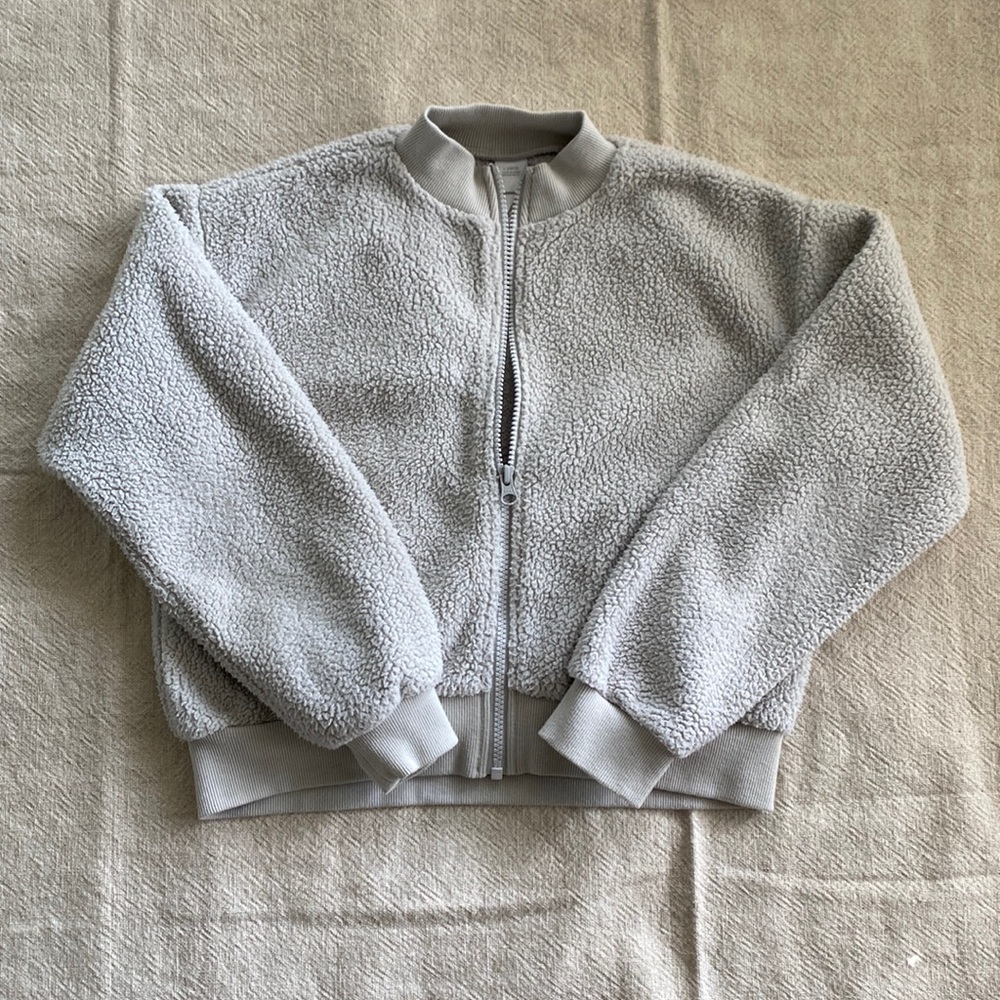 Fluffy soft grey mauve color zip up jacket cropped